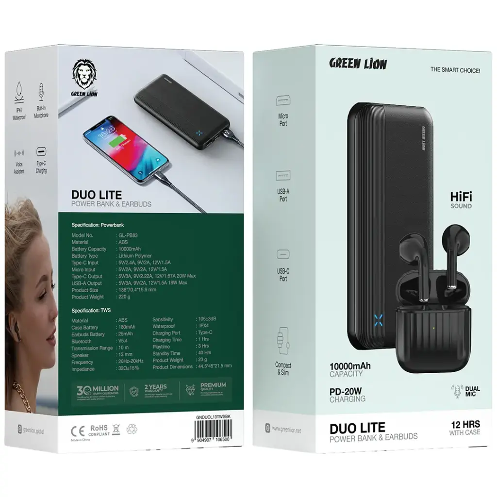 پک پاوربانک و ایربادز Green Lion مدل Duo Lite Power Bank & Earbuds